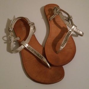 Silver Leather Sandals with Rhinestones